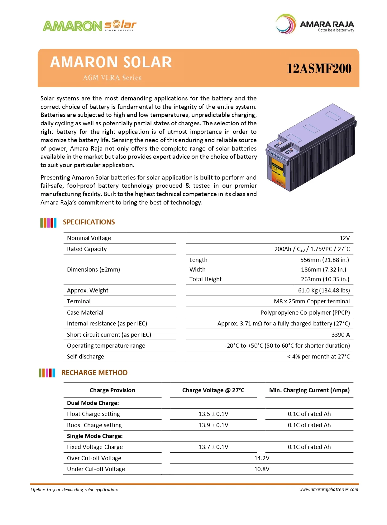 AMARON 12V 200AH SOLAR BATTERY 12ASMF200