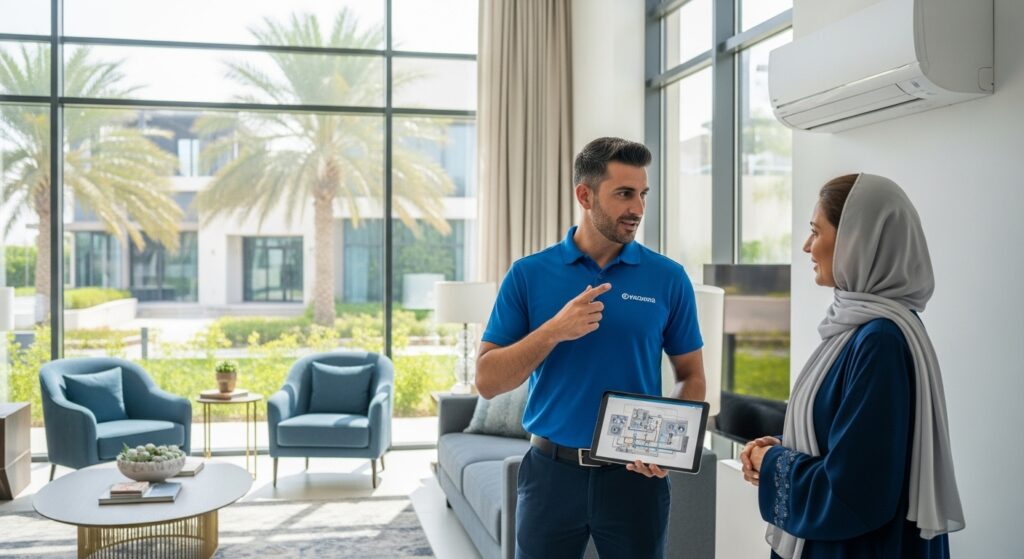 HVAC consultant discussing installation and energy-efficient air conditioning solutions with a homeowner in the UAE